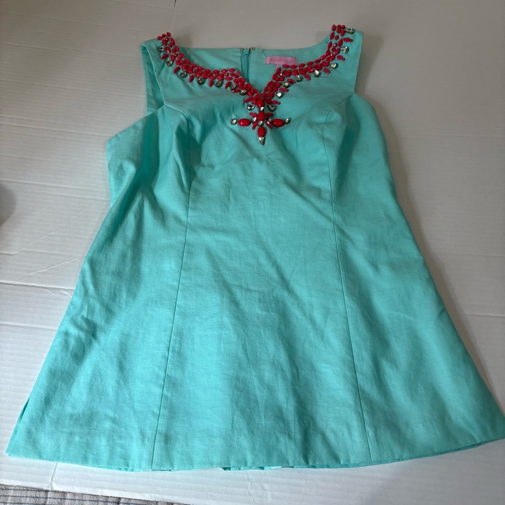 LILLY PULITZER Turquoise Blue and Coral Beaded Jackie Top